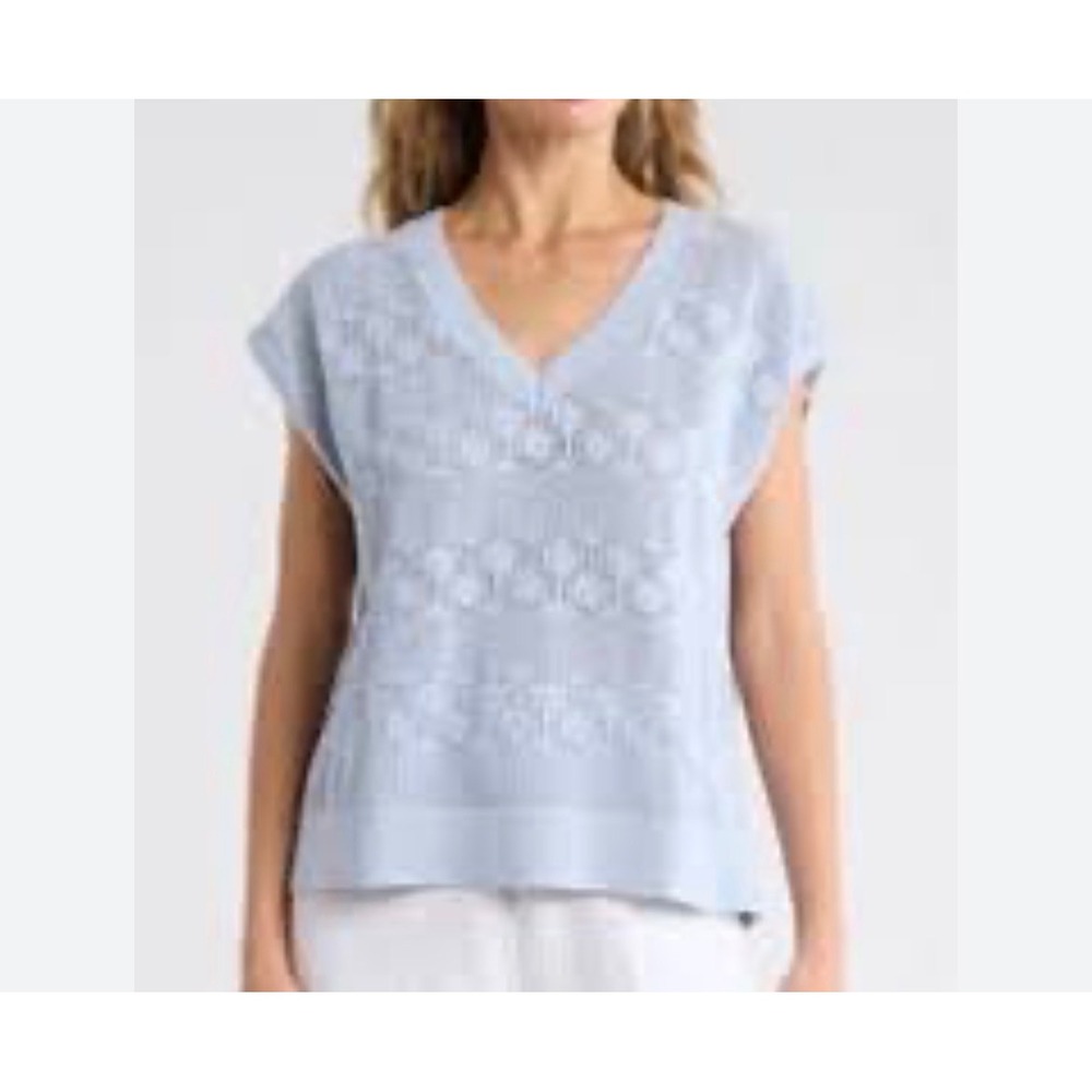 Splendid Womens Blue Pointelle Knit V-Neck Sleeveless Sweater Vest Top Small